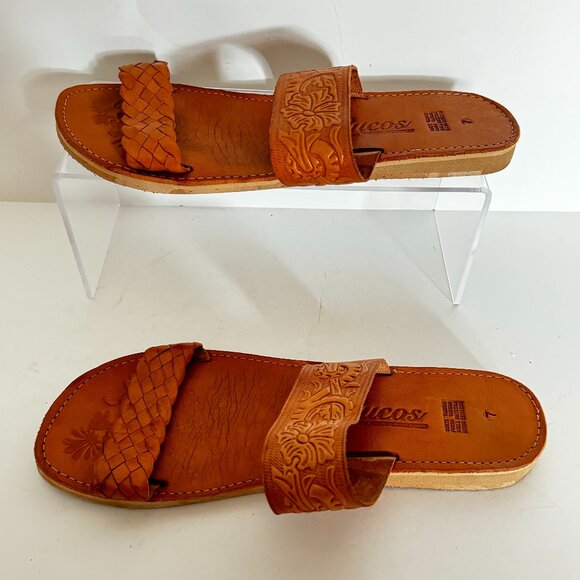 Embossed Mexican Slip on Sandals Size 7 Flats Genuine Leather Open Toe Women's - Picture 1 of 6